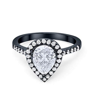 Halo Teardrop Filigree Ring Black Tone, Simulated Cubic Zirconia 925 Sterling Silver